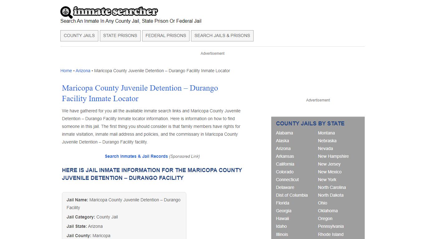 Maricopa County Juvenile Detention - Durango Facility Inmate Locator ...